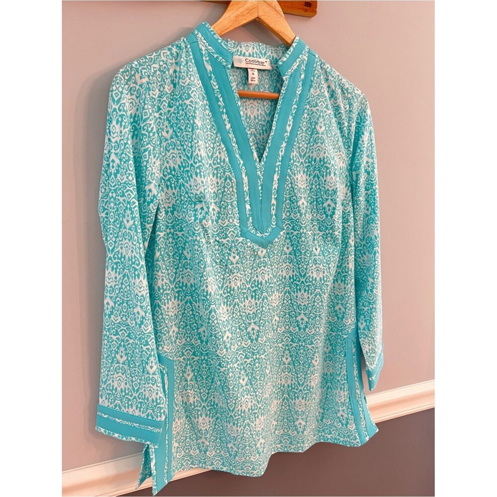 Coolibar UPF 50+ Aqua Print Tunic Top Sun Protection Long Sleeve Beach Resort